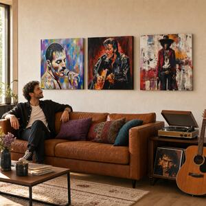 Set de 3 tablouri Rock Legends — Freddie, Elvis, Hendrix - 3× 60×60 cm