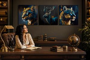 Set 3 tablouri Safari Gold — Jaguar, Cerb, Pumă - 3× 100×100 cm