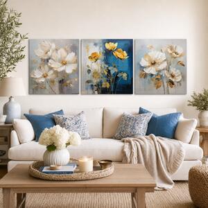 Set de 3 tablouri Poezia Florală Aurie — Răsfăț pentru simțuri, Flori Aurii, Simfonia Eleganței - 3× 50×50 cm