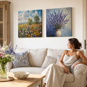 Set de 2 tablouri Armonie Florală — Luncă de vară, Lavandă - 2× 60×60 cm