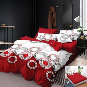Lenjerie de pat, 2 persoane, finet, 6 piese, cu elastic, rosu si alb, cu cerculete, LEL170