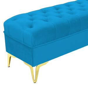 Bancheta tapitata catifea albastru deschis cu picioare aurii, 120 30 55 cm