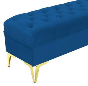 Bancheta tapitata catifea albastru cu picioare aurii, 120 30 55 cm