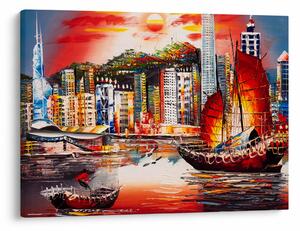 Tablou - Victoria Harbour, Hong Kong, pictură în ulei (70x50 cm)