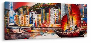 Tablou - Victoria Harbour, Hong Kong, pictură în ulei (120x50 cm)