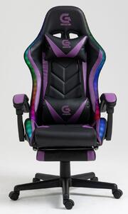 Scaun gaming, sistem iluminare bandă LED RGB, masaj în perna lombară, suport picioare, Negru/Mov