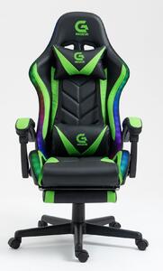 Scaun gaming, sistem iluminare bandă LED RGB, masaj în perna lombară, suport picioare, Negru/Verde
