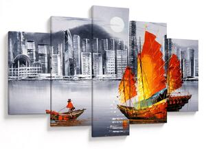 Tablou - Victoria Harbour, Hong Kong, pictură în ulei alb- negru (150x105 cm)
