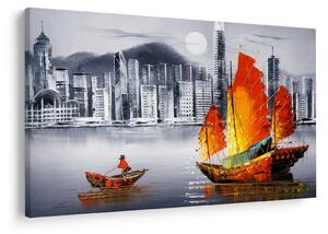 Tablou - Victoria Harbour, Hong Kong, pictură în ulei alb- negru (90x60 cm)