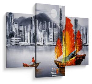 Tablou - Victoria Harbour, Hong Kong, pictură în ulei alb- negru (90x60 cm)