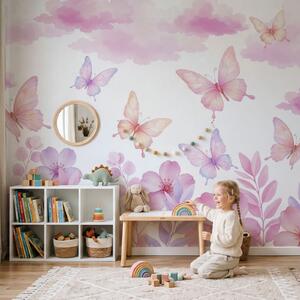 Fototapet Flori și fluturi roz și mov, Fototapet fluturi, Fototapet populare, t01006 - Tapeko.ro