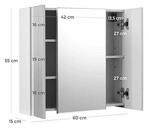 Dulap cu oglinda pentru baie, Vasagle, Alb, 60x15x55 cm