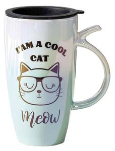 Cana inalta din ceramica cu capac Pufo Cool Cat, pentru cafea sau ceai, 450 ml