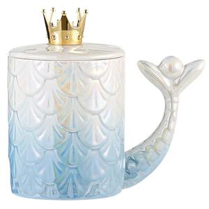 Cana cu capac din ceramica si lingurita Pufo Princess pentru cafea sau ceai, 300 ml, albastru