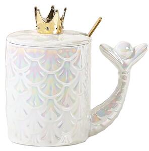 Cana cu capac din ceramica si lingurita Pufo Princess pentru cafea sau ceai, 300 ml, alb