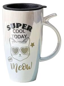 Cana inalta din ceramica cu capac Pufo Cool Today, pentru cafea sau ceai, 450 ml