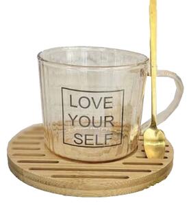 Cana din sticla cu suport din lemn de bambus si lingurita Pufo Love Yourself pentru cafea sau ceai, 200 ml