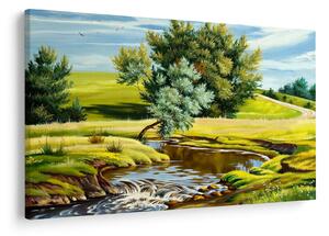 Tablou - Râu între câmpii, pictură în ulei (90x60 cm)