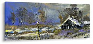 Tablou -Cabane într-un peisaj de iarnă, pictură în ulei (120x50 cm)
