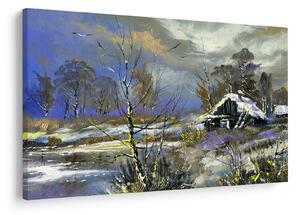 Tablou -Cabane într-un peisaj de iarnă, pictură în ulei (90x60 cm)