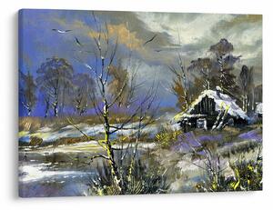 Tablou -Cabane într-un peisaj de iarnă, pictură în ulei (70x50 cm)