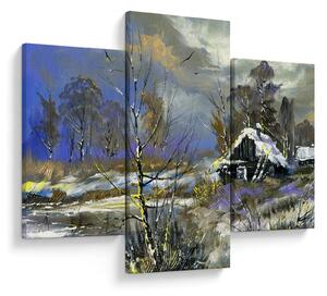 Tablou -Cabane într-un peisaj de iarnă, pictură în ulei (90x60 cm)