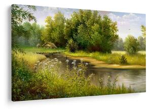 Tablou - Râu lângă pădure, pictură în ulei (90x60 cm)