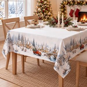 Fata de masa Craciun Home for Christmas peisaj de iarna, 140x220cm, bumbac 100%