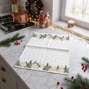 Prosop de bucatarie Craciun cu brazi si casute, 40x65cm, bumbac 100%, Snowy