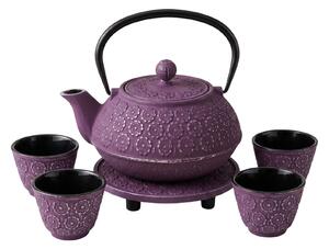 Ceainic din fontă pentru ceai cu sită, cești și suport HANU, 1 l, violet
