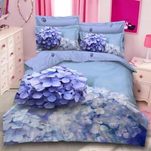 Lenjerie de pat, 2 persoane, 3D, finet, 6 piese, albastru , cu floricele mov, LF286