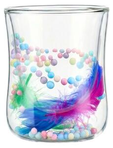 Pahar cu inserție de pene mov, verzi și biluțe colorate pastel, pereți dubli, sticlă borosilicată, 200 ml, Aurora Bloom