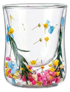 Pahar cu inserție de flori uscate, floarea miresei galben, roz și verde, pereți dubli, sticlă borosilicată, 200 ml, Aurora Bloom