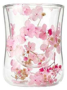 Pahar cu inserție de flori uscate, floarea miresei și hortensie, roz și alb, pereți dubli, sticlă borosilicată, 200 ml, Aurora Bloom