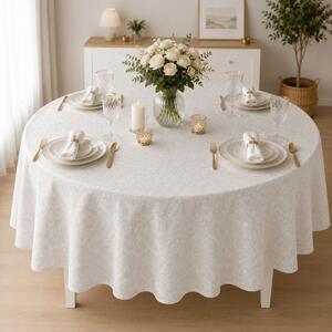 Fata de masa teflonata, rotunda, diametru 140cm, Alba cu imprimeu ornamental F8