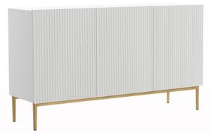 Comodă Nicole 150 cm cu 3 uși, fronturi riflate - alb mat / picioare aurii