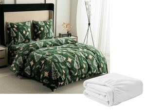 Lenjerie cocolino GREEN CHRISTMAS verde + cearsaf Cocolino microplus cu elastic SOFT 90x200 cm alb, pat de o persoana