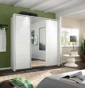 Dressing 211 cm lungime, 3 uși glisante, oglindă pe mijloc, culoare alb, compartimentare premium, 233 cm înălțime