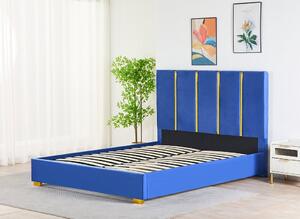 Pat Tapitat Catifea Albastru 160x200 cm cu Somiera si Saltea Inclusa , Cod LB-214