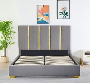 Pat Tapitat Catifea Gri 160x200 cm cu Somiera si Saltea Inclusa , Cod LB-214