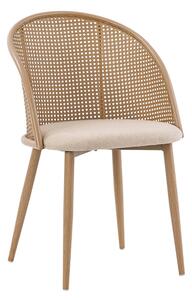 Scaun Bucatarie/Dining Rikkie Ratan Sintetic Bej,Sezut Textil Bej, Picioare Metalice Finisaj Lemn