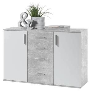 Comoda POPPY 5, alb/gri ciment, PAL melaminat, 120x35x82 cm