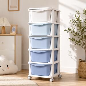 Raft din plastic cu 5 sertare albastre pe roți – sistem de organizare a spațiului de depozitare, 98 cm