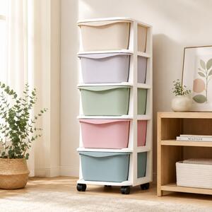 Raft din plastic cu 5 sertare în culori pastelate, prevăzut cu roți – sistem de organizare a spațiului de depozitare, 98 cm