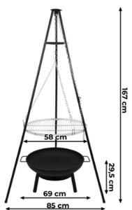 Grătar de grădină cu trei picioare – grătar suspendat din oțel inoxidabil de 58 cm cu focar