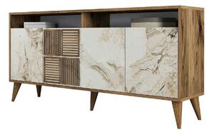 Comoda Milan, alb cu efect de marmura/nuc, PAL melaminat, 160x35x78 cm