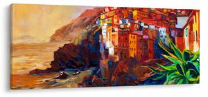 Tablou - Satul de coastă Cinque Terre, Riviera italiană, impresionismul modern (120x50 cm)