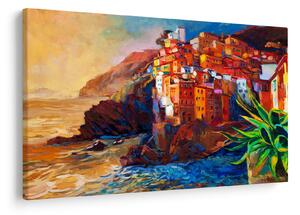 Tablou - Satul de coastă Cinque Terre, Riviera italiană, impresionismul modern (90x60 cm)