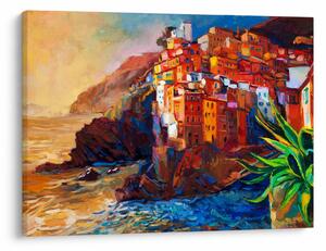 Tablou - Satul de coastă Cinque Terre, Riviera italiană, impresionismul modern (70x50 cm)