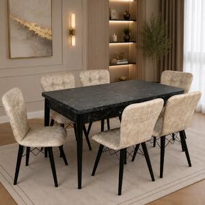Set masa extensibila cu 6 scaune tapitate Homs cristal negru-bej 170 x 80 cm
